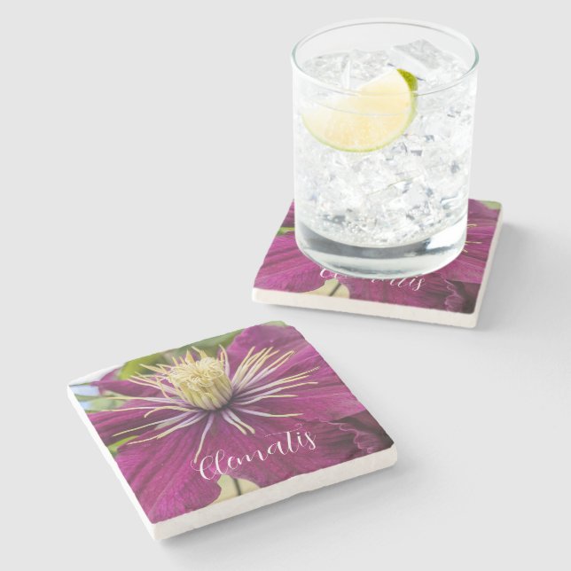 Lila Clematis-Blüte Floral Steinuntersetzer (Seitenansicht)