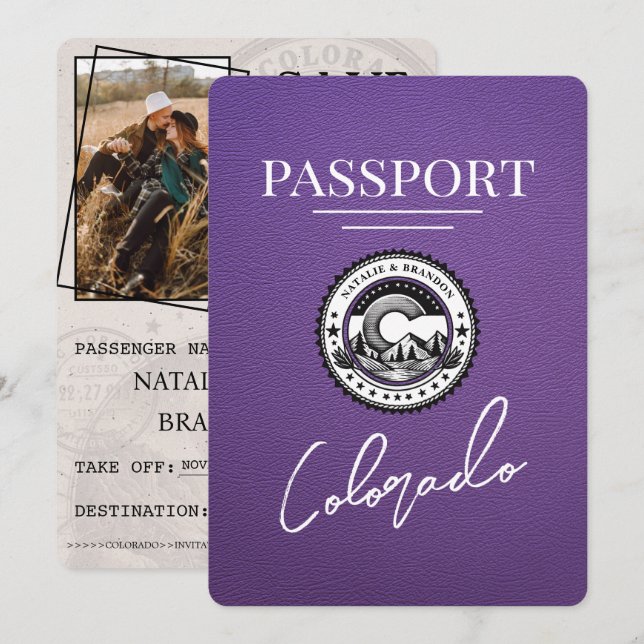 Lila Colorado Passport Save the Date (Vorne/Hinten)