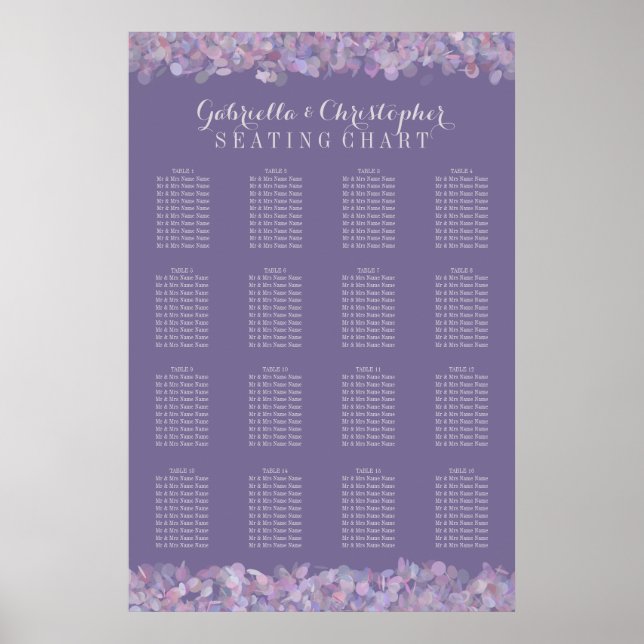 Lila Confetti | Hochzeitsstichtabelle 16 Tabelle Poster (Vorne)
