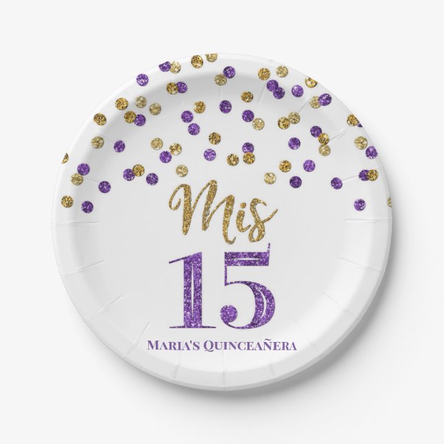 Lila Confetti Mis 15 Quinceanera Pappteller (Vorderseite)