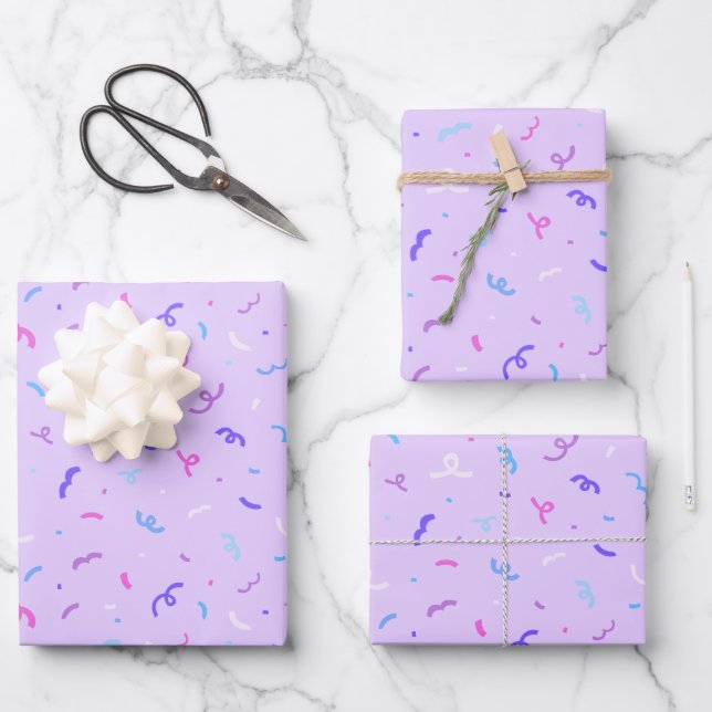 Lila Confetti-Muster Geschenkpapier Set (Vorderseite)