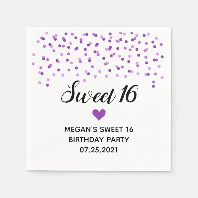 Lila Confetti Sweet 16 Geburtstag Serviette (Vorderseite)