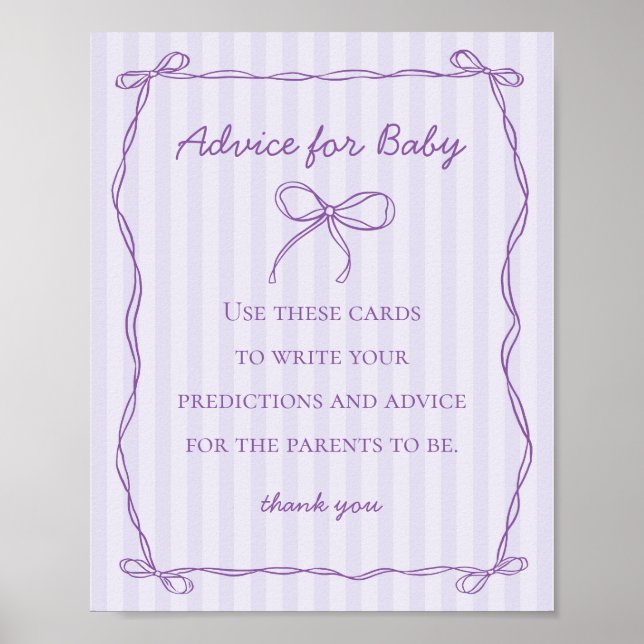 Lila Coquette Bow Advisor für Baby Shower Game Poster (Vorne)