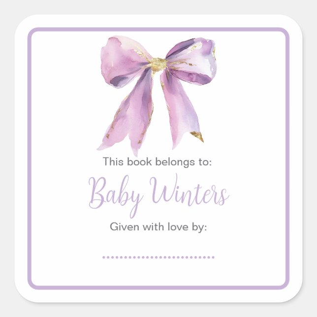 Lila Coquette Bow Babydusche Quadratischer Aufkleber (Vorderseite)