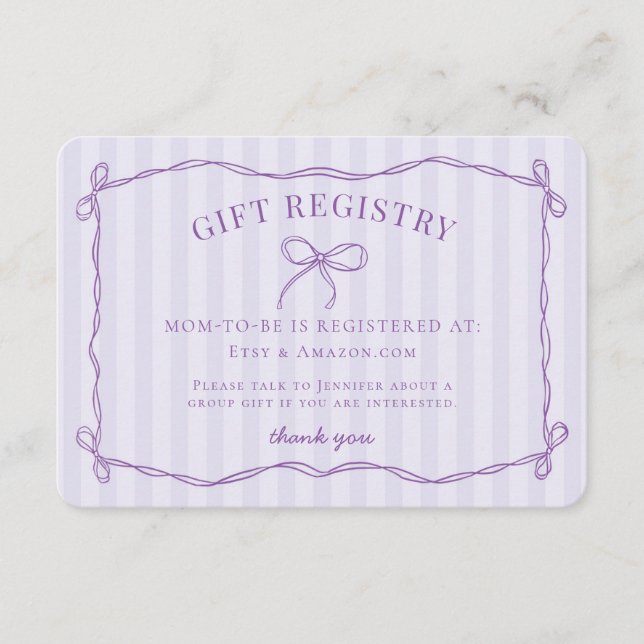 Lila Coquette Bow Lavender Baby Showregistrierung Begleitkarte (Vorderseite)