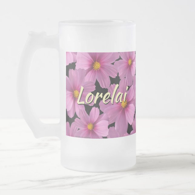 Lila Cosmos-Blume-Design auf schwarzem Hintergrund Mattglas Bierglas (Links)