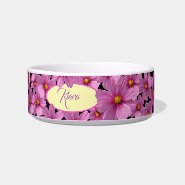 Lila Cosmos-Blume-Design auf schwarzem Hintergrund Napf (Vorderseite)
