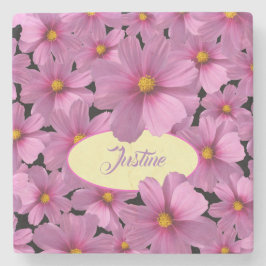 Lila Cosmos-Blume-Design auf schwarzem Hintergrund Steinuntersetzer