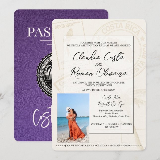 Lila Costa Rica Pass Einladung zur Hochzeit (Vorne/Hinten)