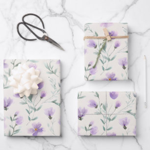 Lila Cottagecore Wildblumen Botanischer Druck Geschenkpapier Set
