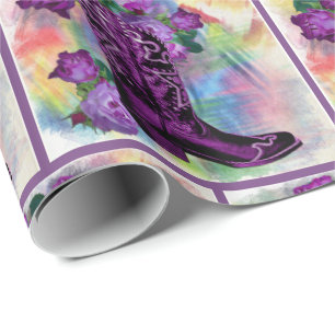 Lila Cowboy-Boot mit Rose auf Watercolor Geschenkpapier