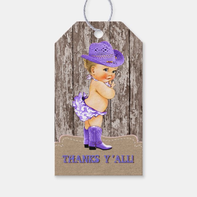 Lila Cowgirl Babydusche Geschenkanhänger (Vorderseite)