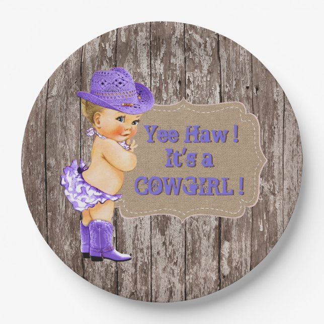Lila Cowgirl Babydusche Pappteller (Vorderseite)