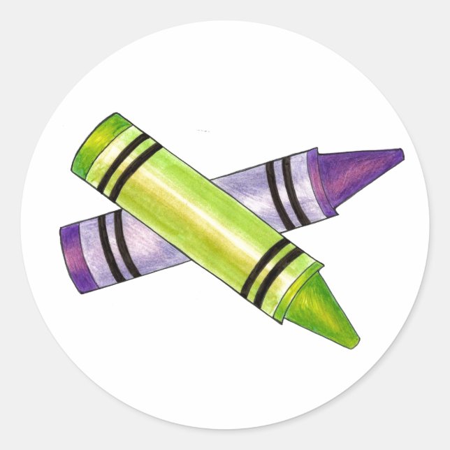 Lila Crayon School versorgt Crayons Art Teacher Runder Aufkleber (Vorderseite)