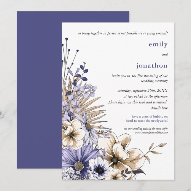 Lila Cream Watercolor Florals Virtual Wedding Einladung (Vorne/Hinten)