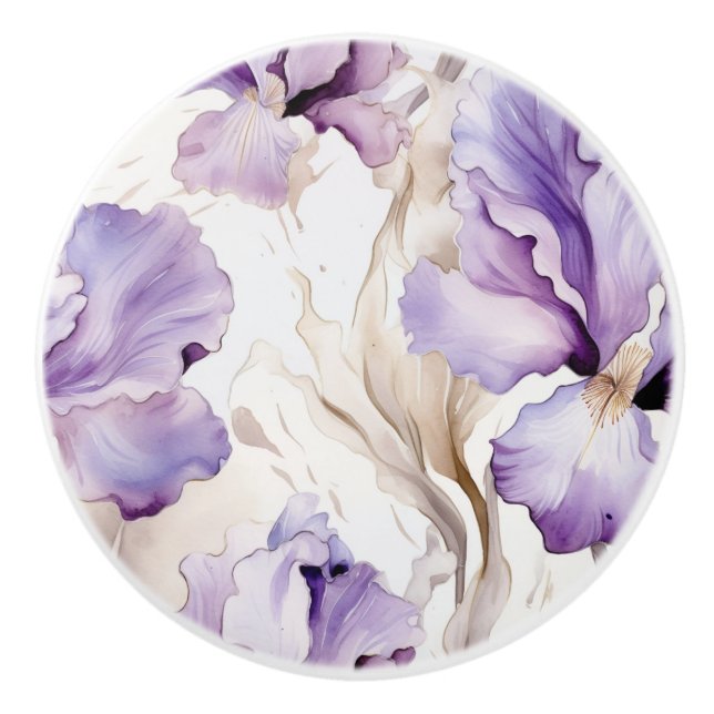 Lila Creme-Iris-Blume Keramikknauf (Vorderseite)