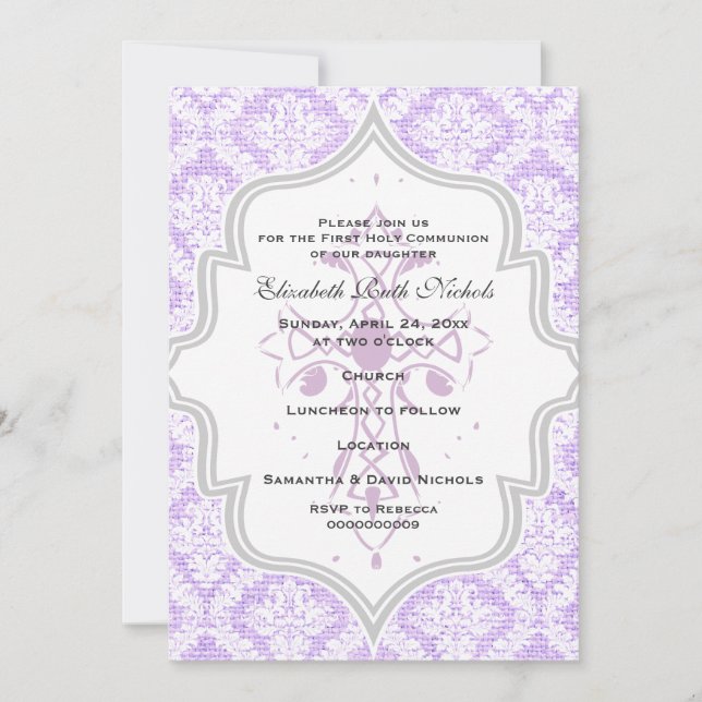 Lila Cross-White Damask Burlap Erste Kommune Einladung (Vorderseite)
