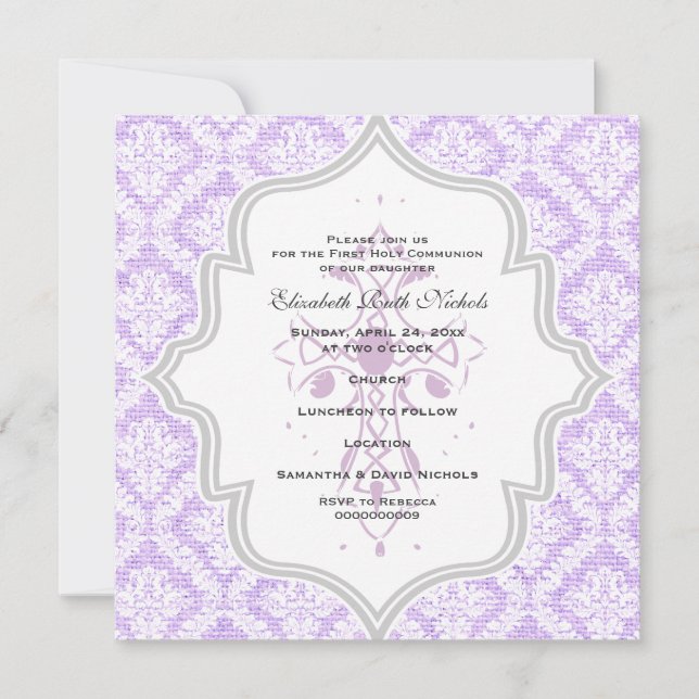 Lila Cross-White Damask Burlap Erste Kommune Einladung (Vorderseite)
