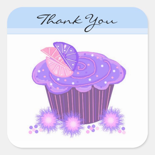 Lila Cupcake Danke Quadratischer Aufkleber (Vorderseite)