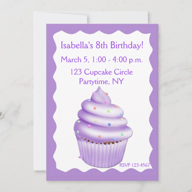 Lila Cupcake zum Geburtstag Einladung (Vorderseite)