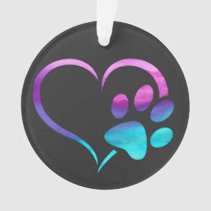 Lila Cyan Hundepfoten Druck Herz Ornament