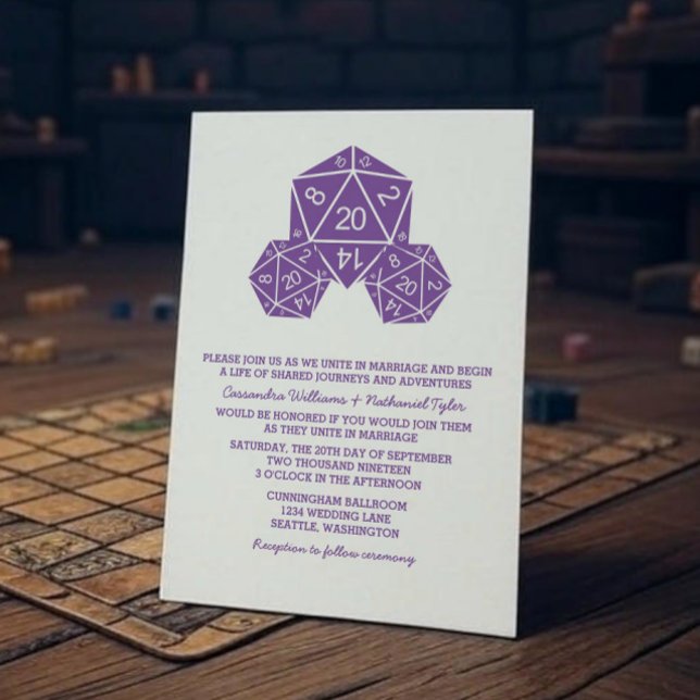 Lila D20 Dice-Hochzeitsreise Einladung (Purple D20 Dice Wedding Invite)