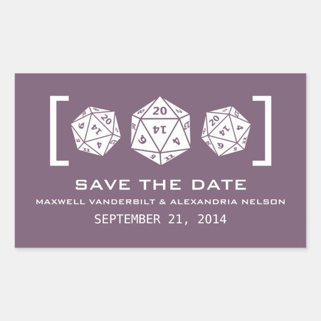 Lila D20-Würfel-Gamer Save the Date Aufkleber (Vorderseite)