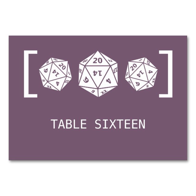 Lila D20-Würfel-Hochzeitskarte Tischnummer (Vorderseite)