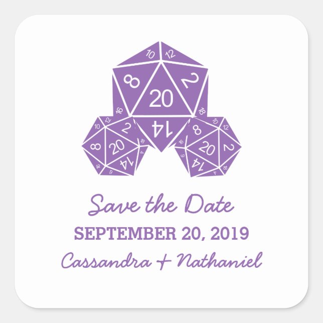 Lila D20-Würfel Save the Date Aufkleber (Vorderseite)