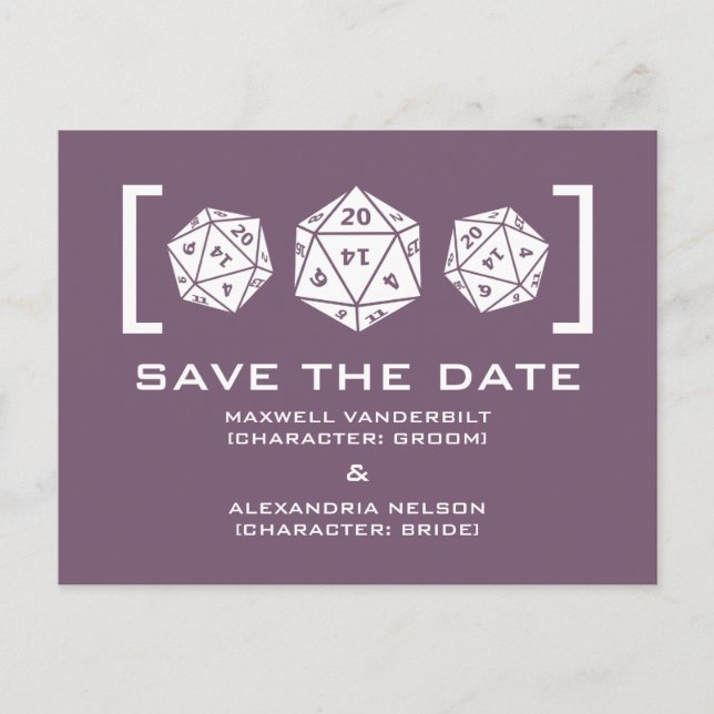 Lila D20-Würfel Save the Date Postkarte (Vorderseite)