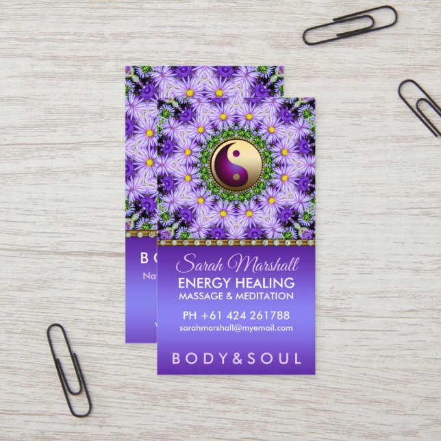 Lila Daisy-Blume Mandala Holistische Heilung Visitenkarte (Vorderseite/Rückseite Beispiel)