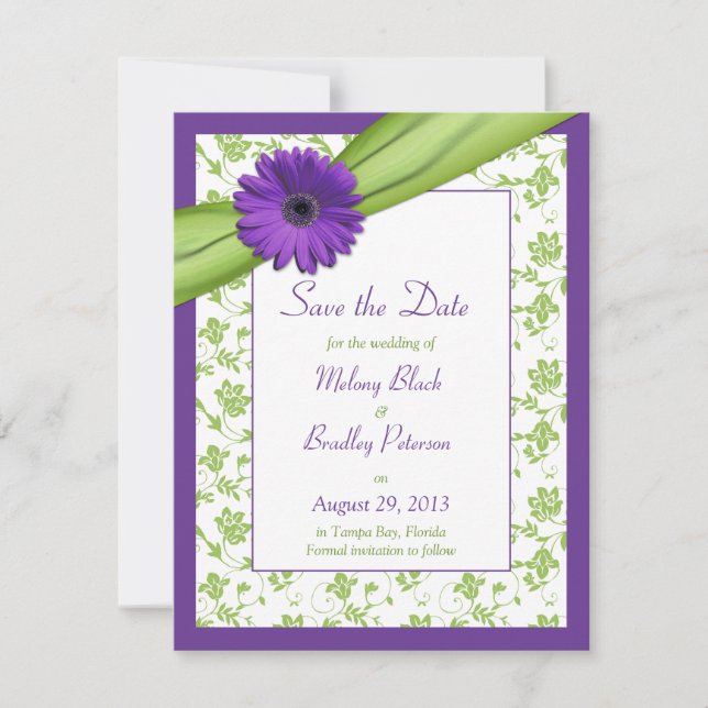Lila Daisy Green Floral Damask Save the Date (Vorderseite)