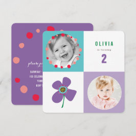 Lila Daisy Pop Square Girl'l Birthday Foto Einladu Einladung