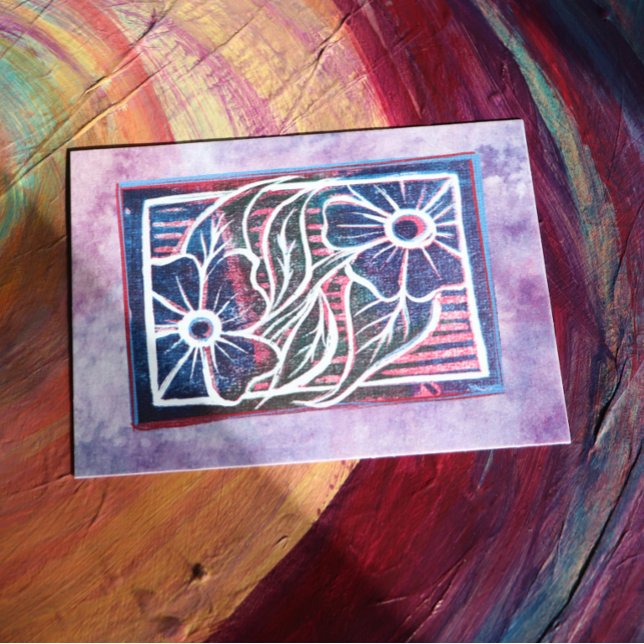 Lila Daisy Printmaking Carving Kunstgrün Postkarte (Von Creator hochgeladen)