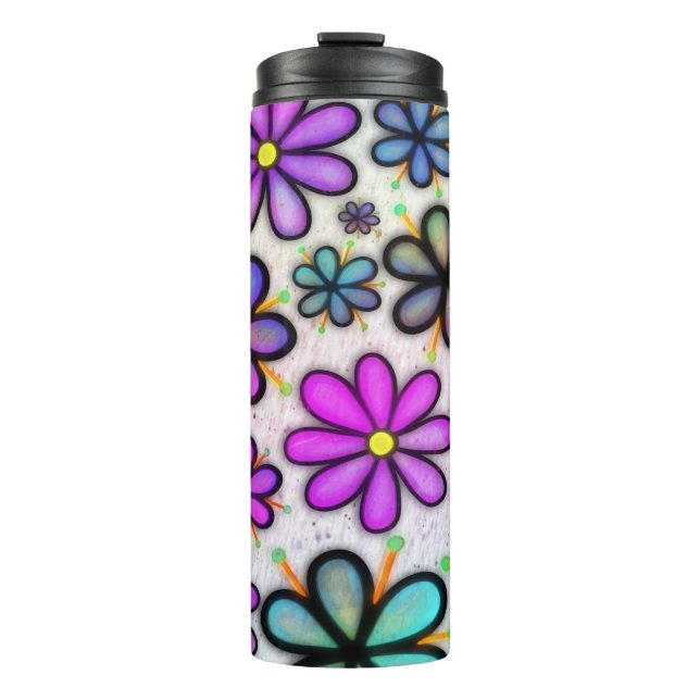 Lila Daisy Retro Thermosbecher (Vorderseite)