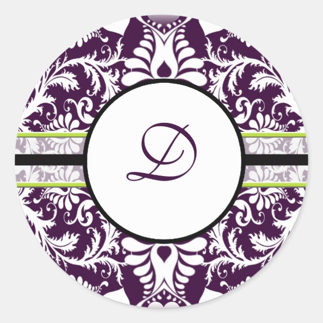 Lila Damask Anfangsbuchstabe D Hochzeit Runder Aufkleber (Vorderseite)