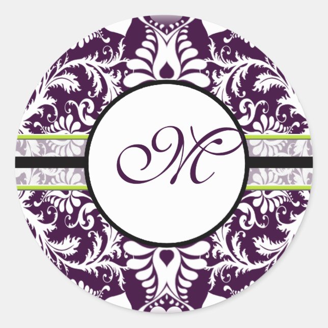 Lila Damask Anfangsbuchstabe M Hochzeit Runder Aufkleber (Vorderseite)