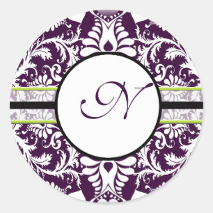 Lila Damask Anfangsbuchstabe N Hochzeit Runder Aufkleber