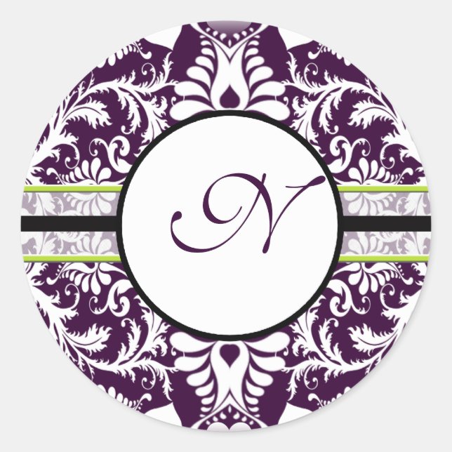 Lila Damask Anfangsbuchstabe N Hochzeit Runder Aufkleber (Vorderseite)