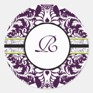 Lila Damask Anfangsbuchstabe R Hochzeit Runder Aufkleber