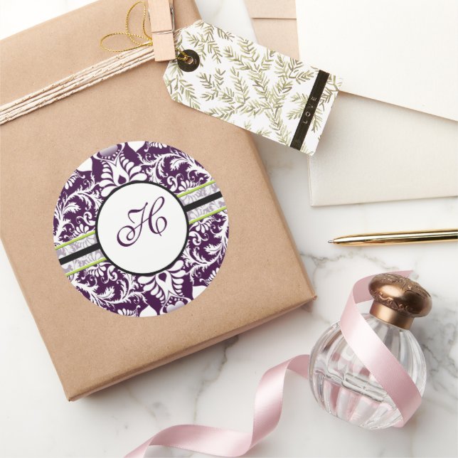 Lila Damask Anfangssticker Letter H Wedding Runder Aufkleber (Schenken)