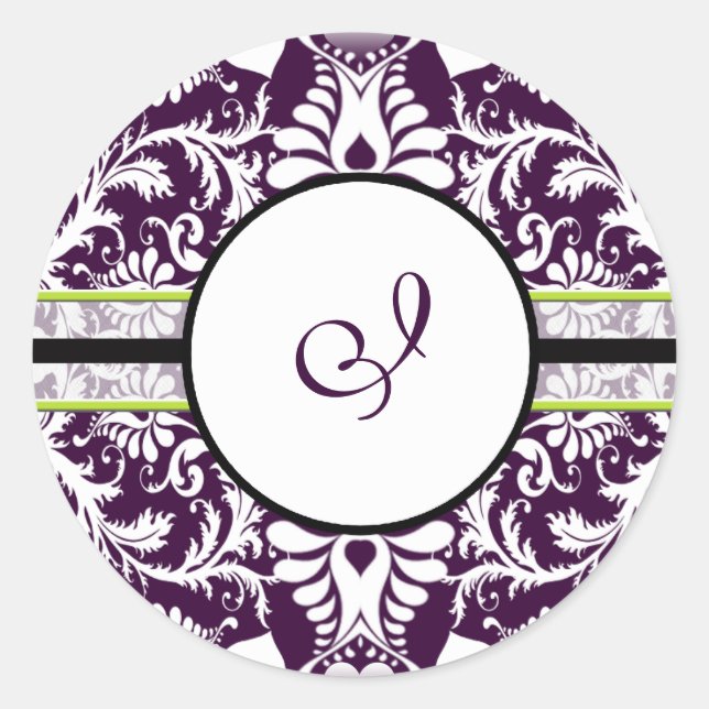 Lila Damask Anfangssticker Letter I Hochzeit Runder Aufkleber (Vorderseite)