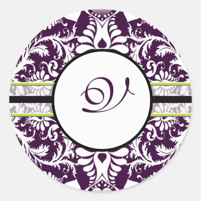 Lila Damask Anfangssticker Letter V Hochzeit Runder Aufkleber (Vorderseite)
