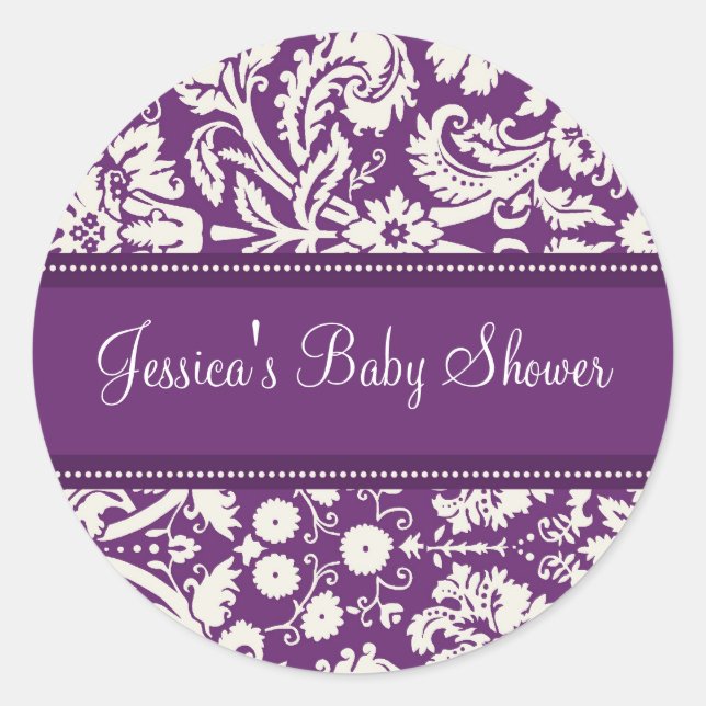 Lila Damask Baby Dusche Pflegeaufkleber Runder Aufkleber (Vorderseite)