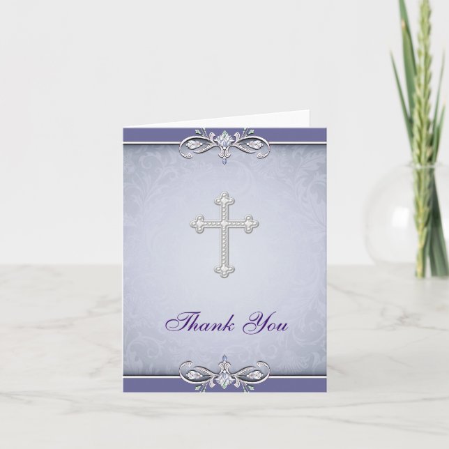 Lila Damask Christlich Cross Vielen Dank Dankeskarte (Vorderseite)