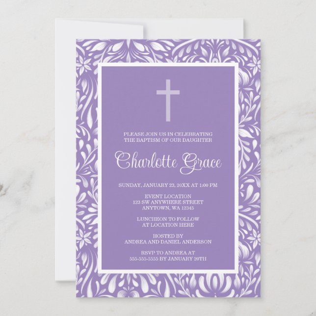 Lila Damask Cross Girl Taufe Christening Einladung (Vorderseite)