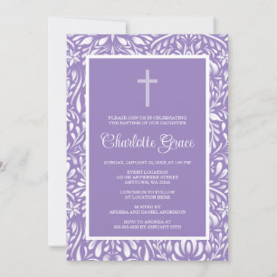 Lila Damask Cross Girl Taufe Christening Einladung