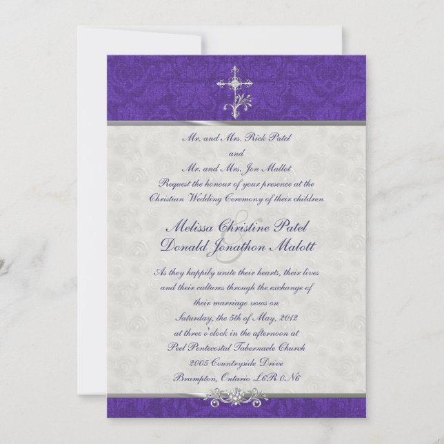 Lila Damask Doppelzeremonie Einladung zur Hochzeit (Vorderseite)