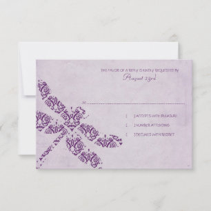 Lila Damask Dragonfly Wedding RSVP Karte