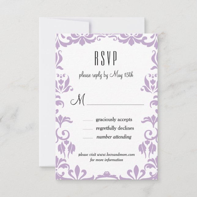 Lila Damask Elegante Calligraphy RSVP-Karte RSVP Karte (Vorderseite)